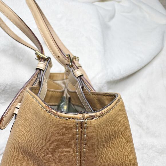 MICHAEL KORS Jet Set Camel Tan Leather Medium Tote Double Strap Bucket Handbag - Picture 14 of 16